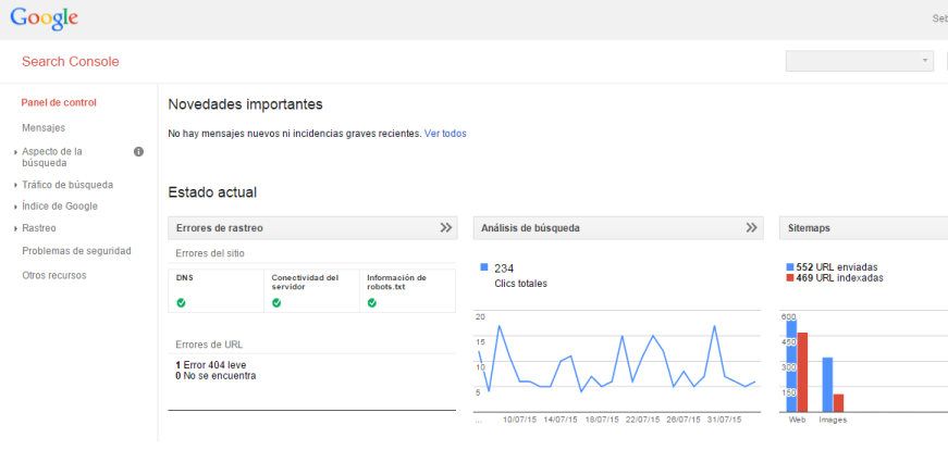 Search Console Webmaster Tools - Panel de Control