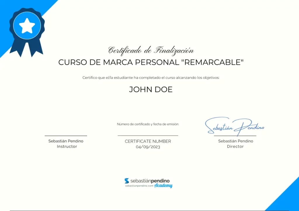 Muestra de Certificado del Curso de Marca Personal "ReMarcable".